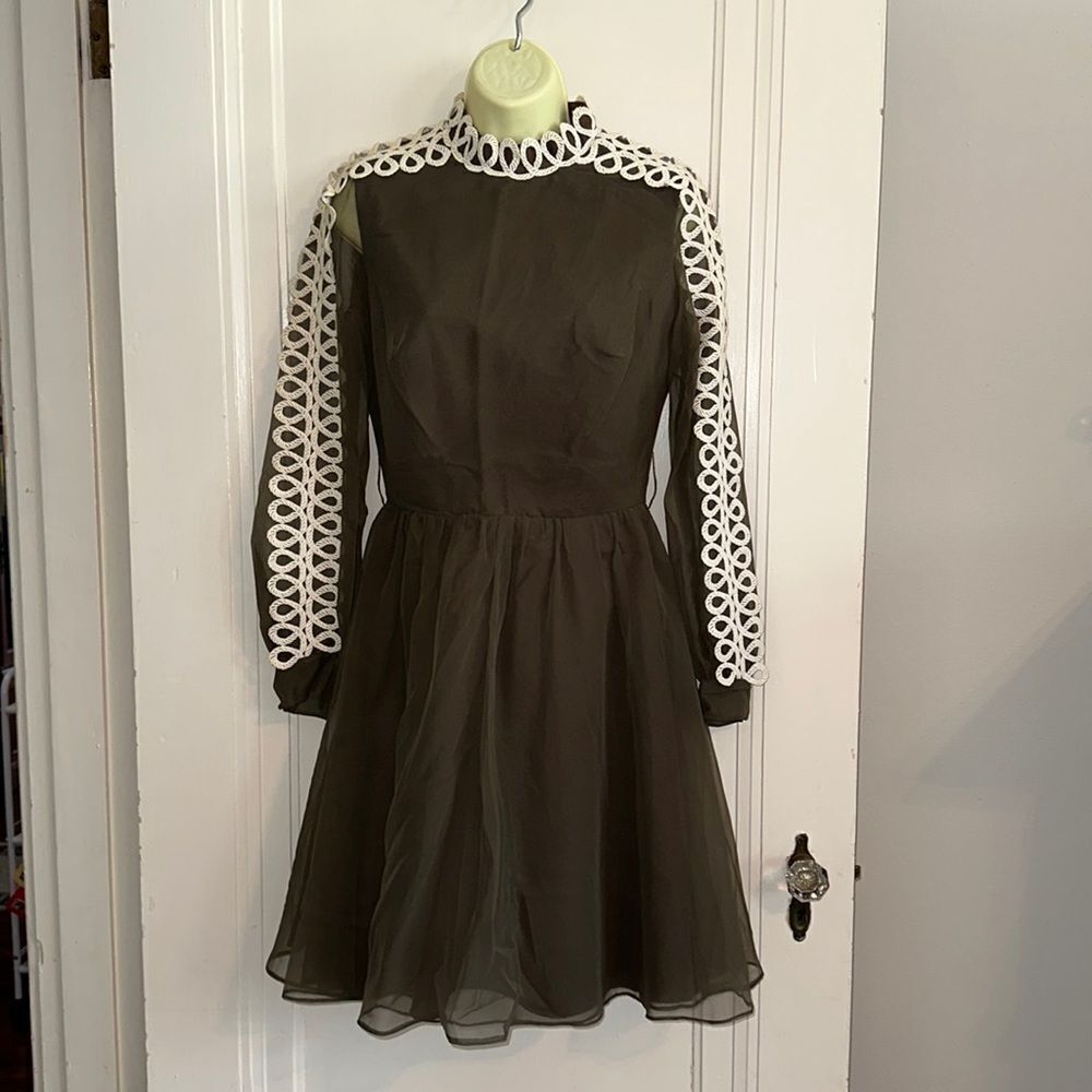 Vintage 60s Jack Bryan green/brown high neck fit & flare dress with white lace